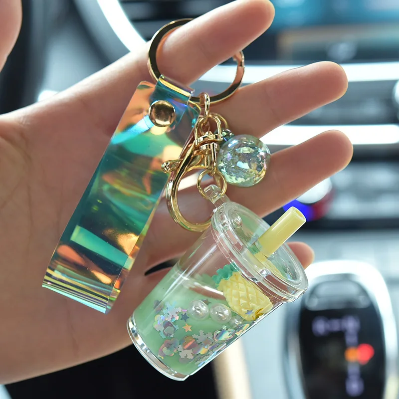 Creative Quicksand Sequin Fruit Strawberry Keychains Cartoon Moving Liquid Milk Tea Cup Keyring Bag Pendant Car Key Chain Gifts